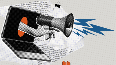 Stock image of hand reaching out of laptop screen holding a bullhorn making an announcement